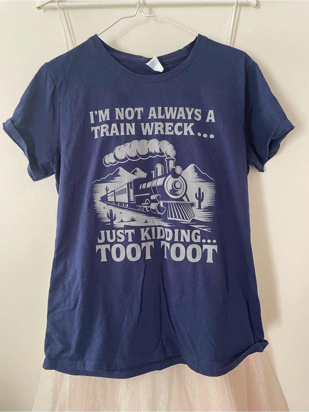 Women's Navy Graphic Short Sleeve Tee - Train Wreck Slogan